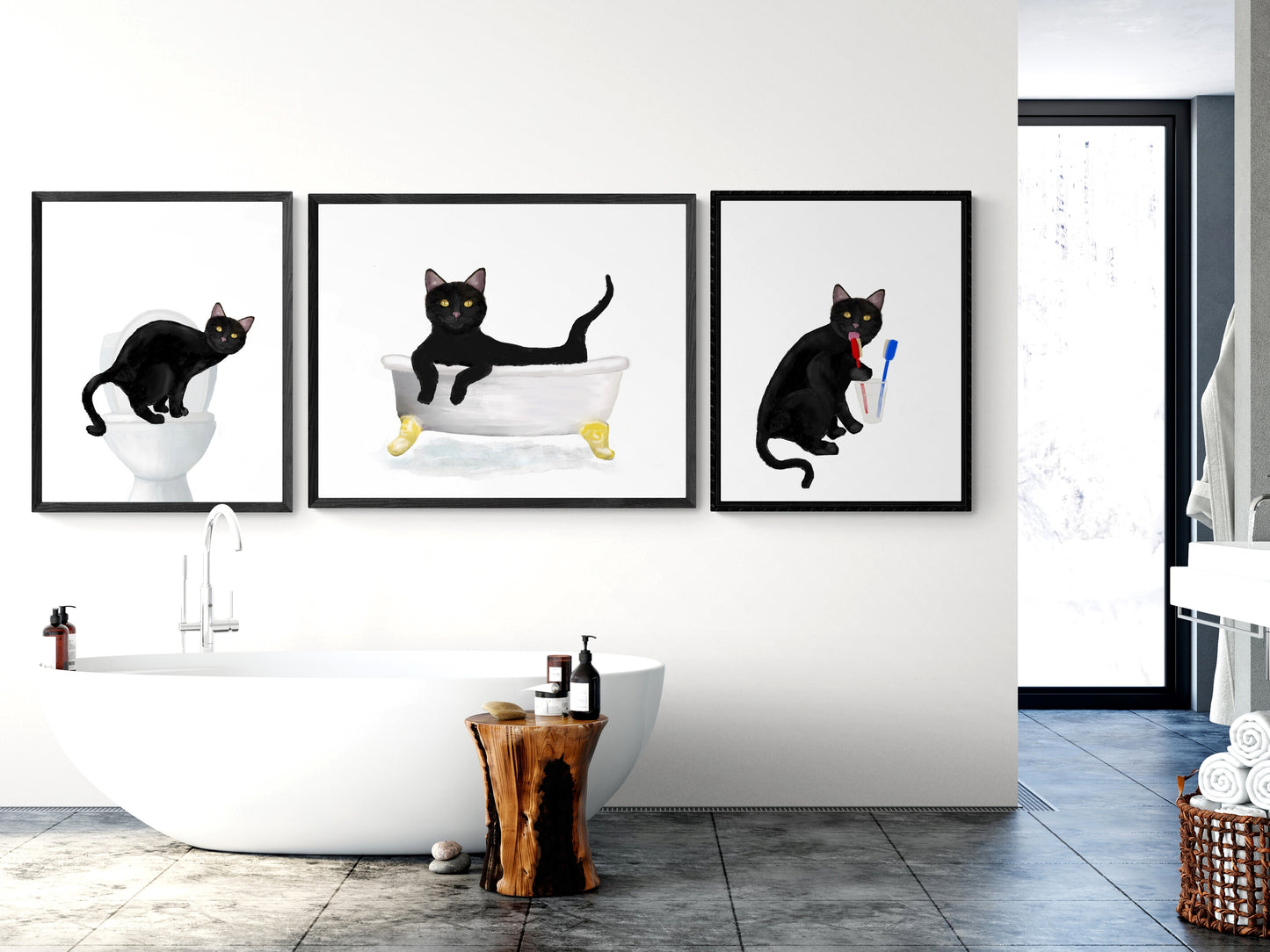 Set of 3 Black Cat Bathroom Wall Art Print