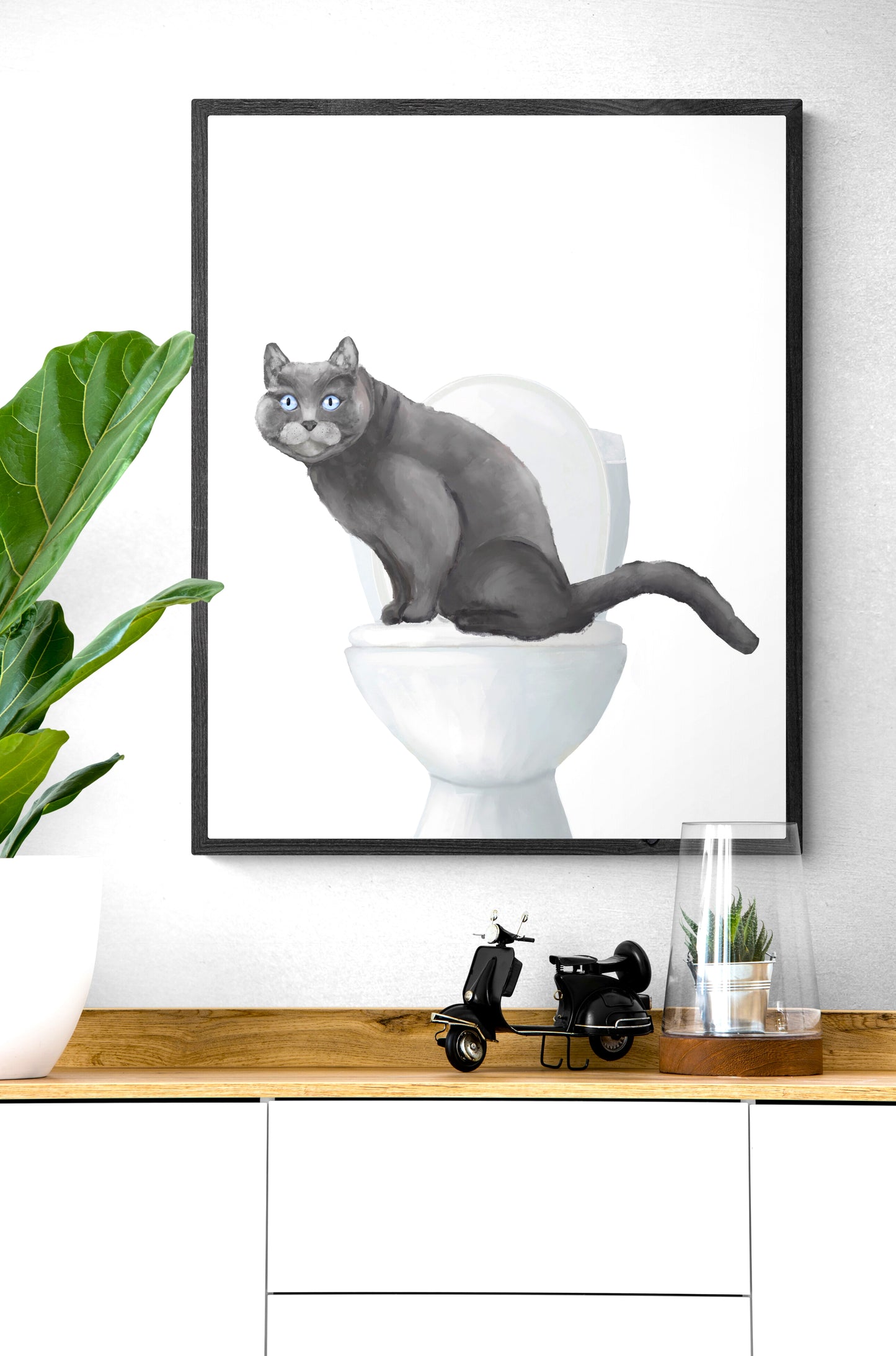 Gray Cat On Toilet Print