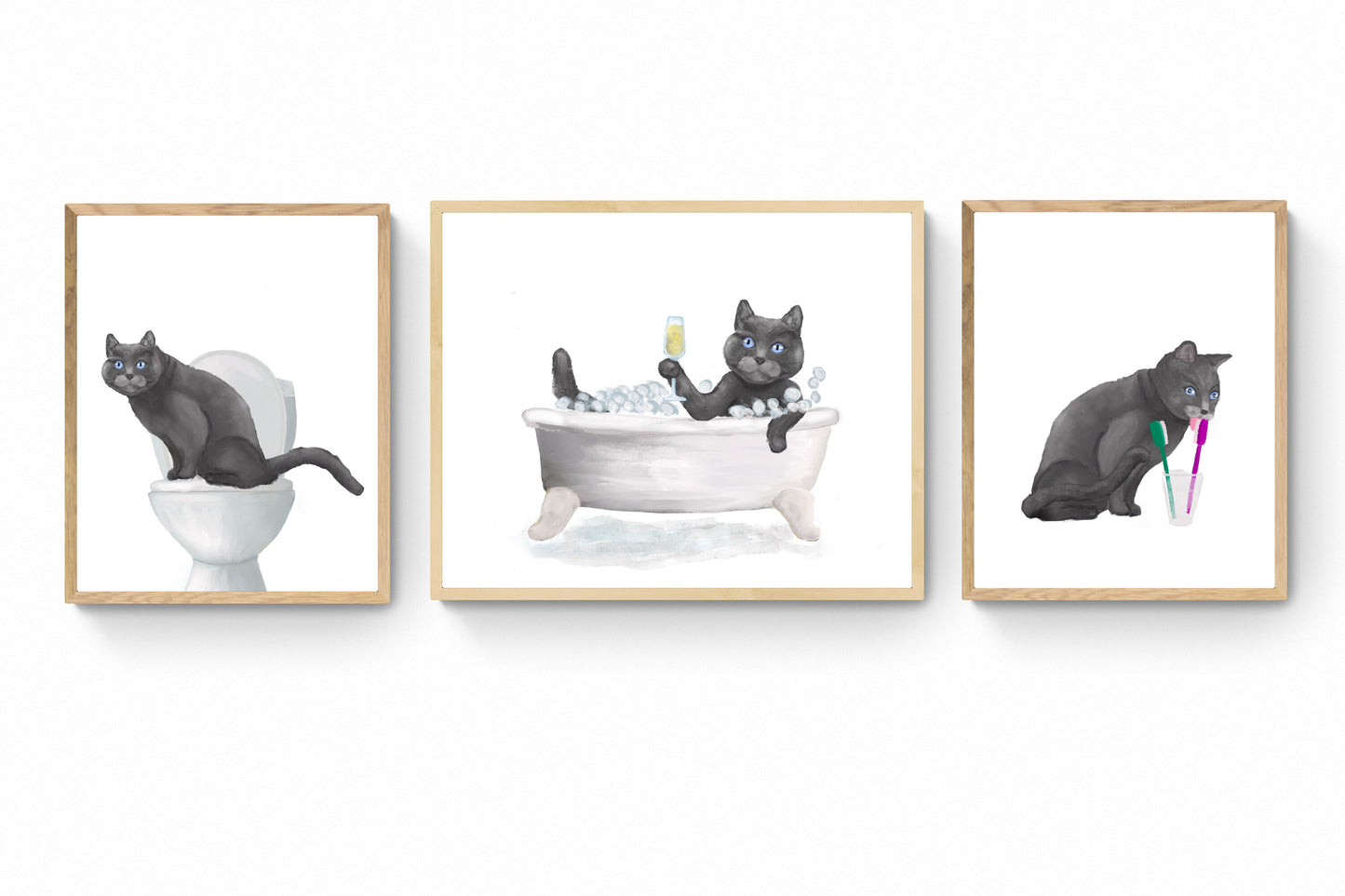 Set of 3 Gray Cat Bathroom Wall Art