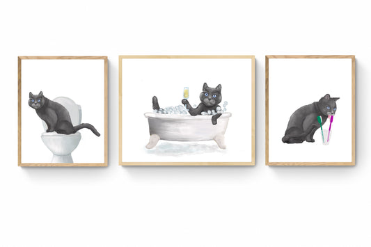 Set of 3 Gray Cat Bathroom Wall Art