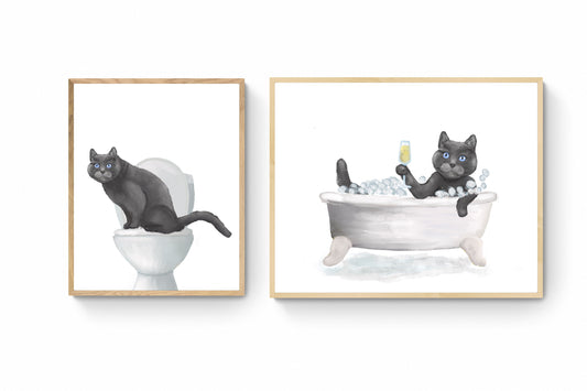 Set of 2 Gray Cat Bathroom Wall Art