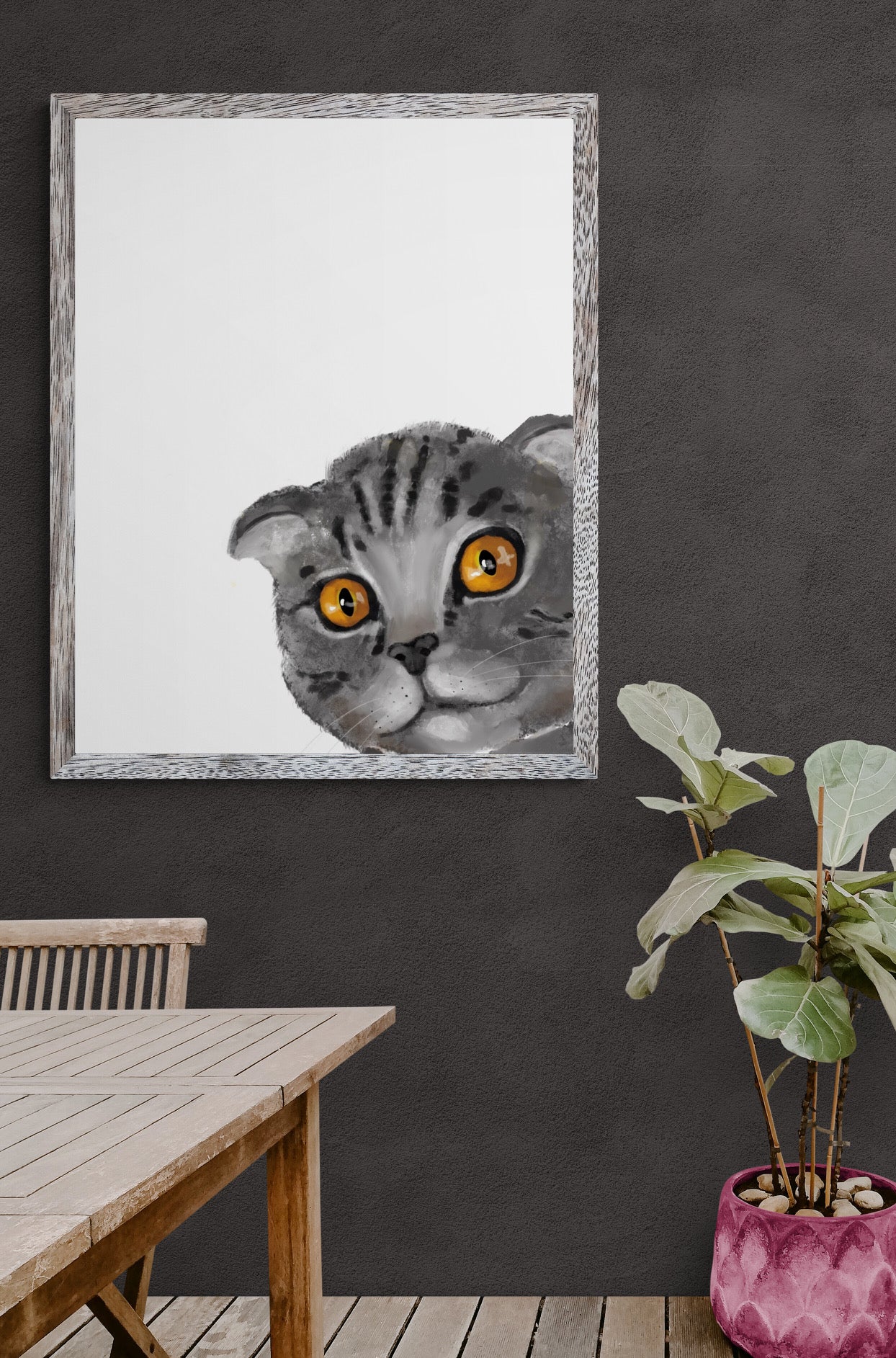 Peekaboo Kitty: A Playful Gray Scottish Fold Cat Art Print
