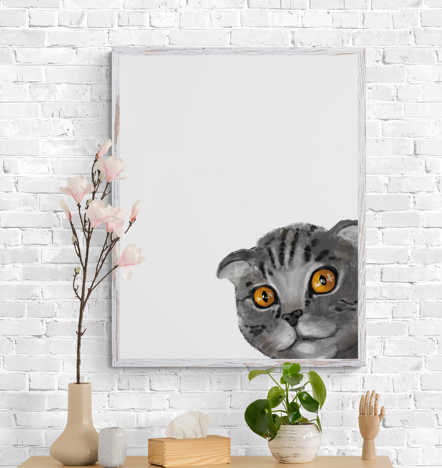 Peekaboo Kitty: A Playful Gray Scottish Fold Cat Art Print