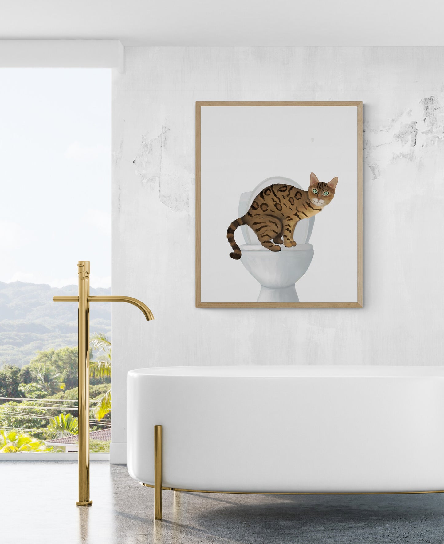 Gold Bengal Cat On Toilet Art, Bathroom Art, Bathroom Cat Painting, Cat On Toilet Print, Cat Lover Gift