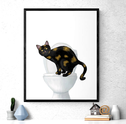 Tortoiseshell Cat On Toilet Print, Tortie Cat On Toilet Art, Bathroom Art, Bathroom Cat Painting, Cat On Toilet Print, Cat Lover Gift