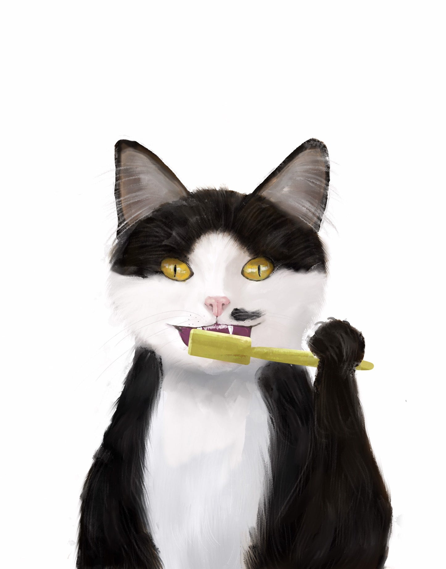 Black And White Tuxedo Cat Brushing Teeth Print
