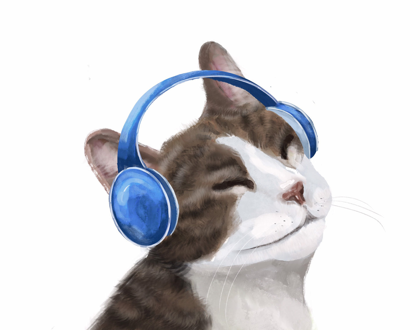 Gray Tabby Cat Listening Music With Headphones Print