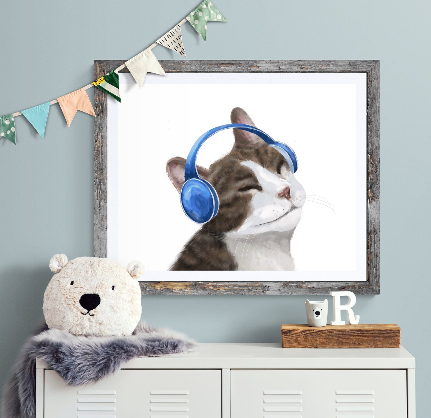 Gray Tabby Cat Listening Music With Headphones Print