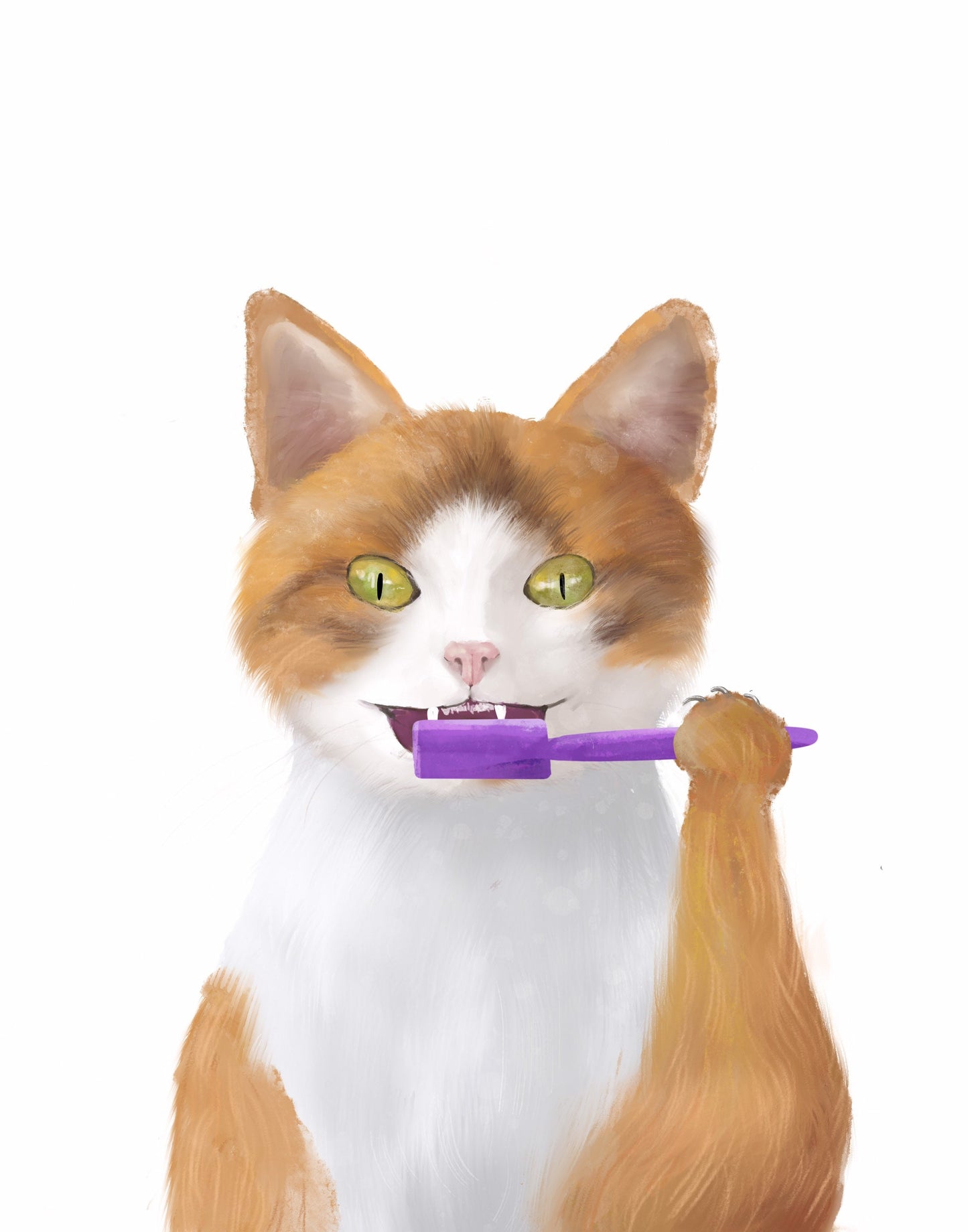 Orange And White Cat Brushing Teeth Print