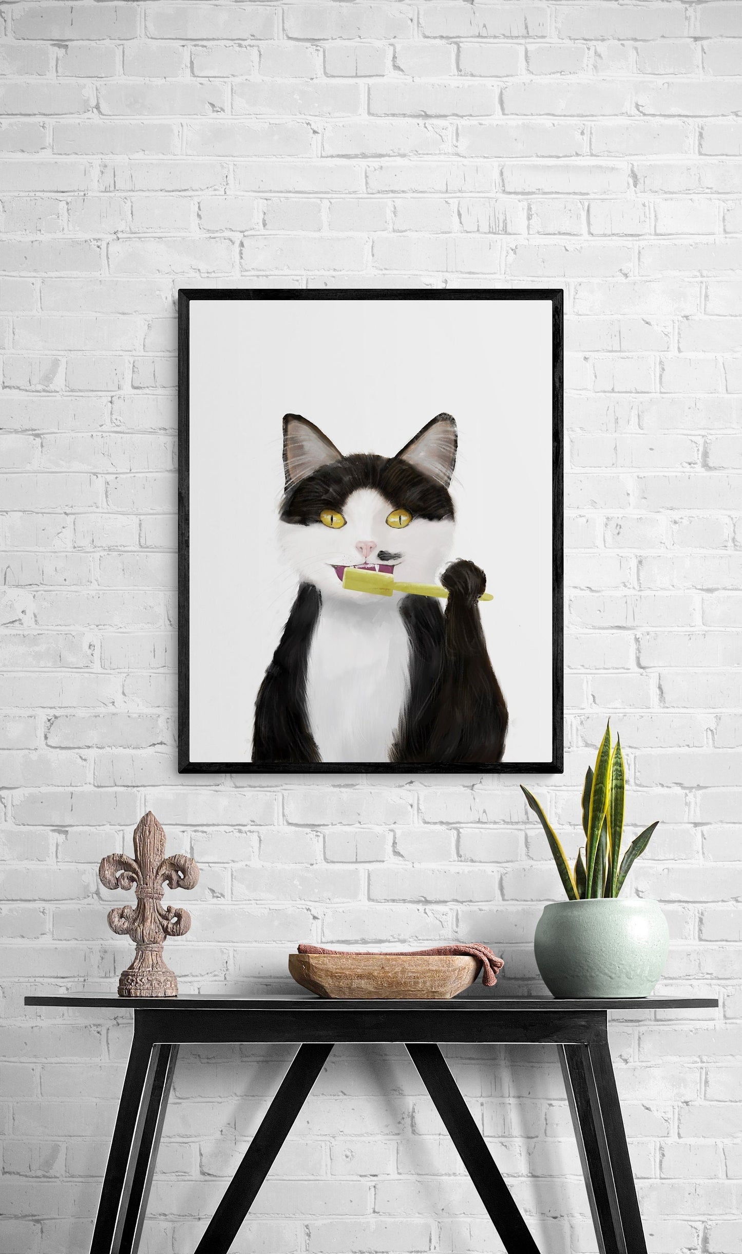 Black And White Tuxedo Cat Brushing Teeth Print