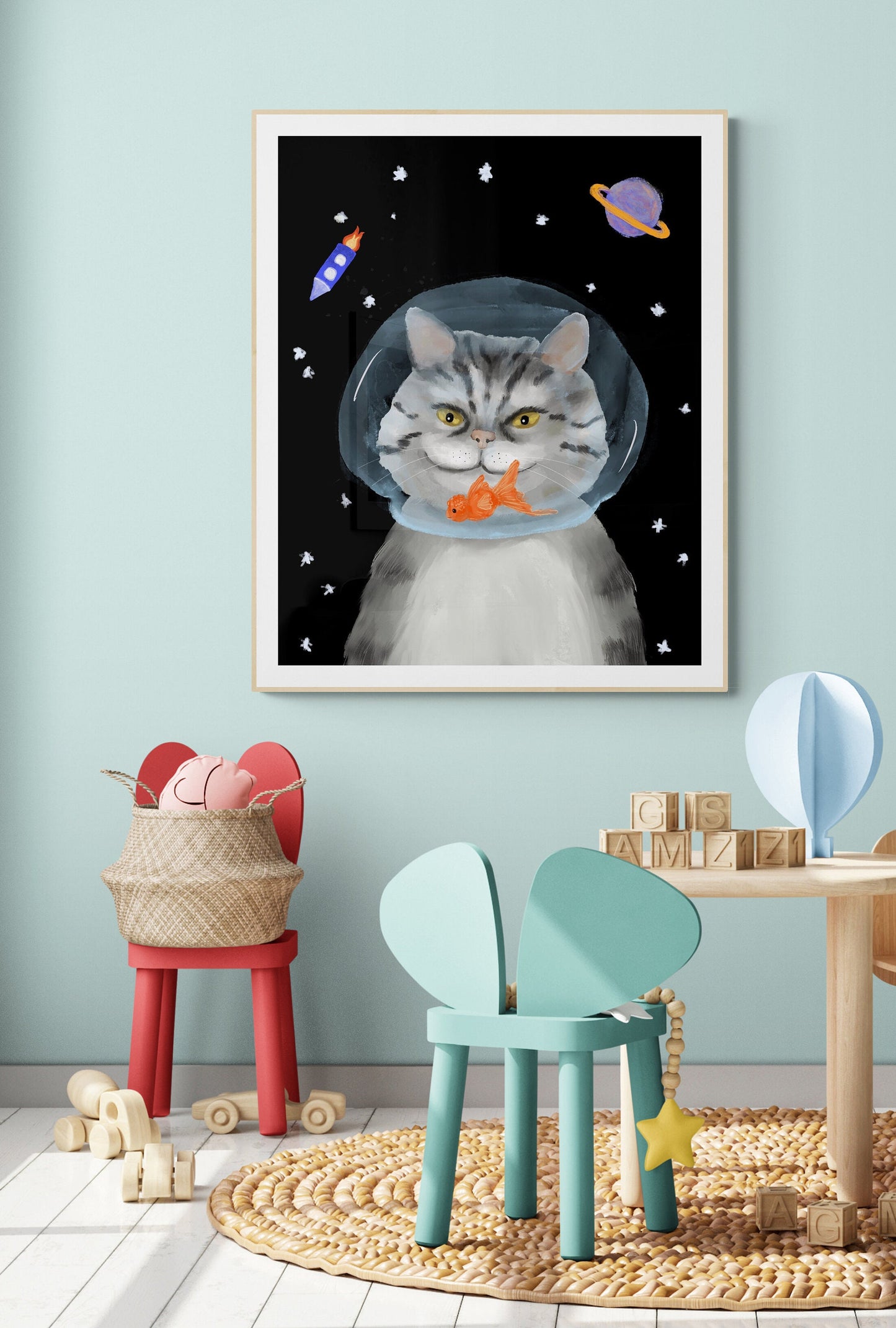 Gray Tabby Cat In Space Print