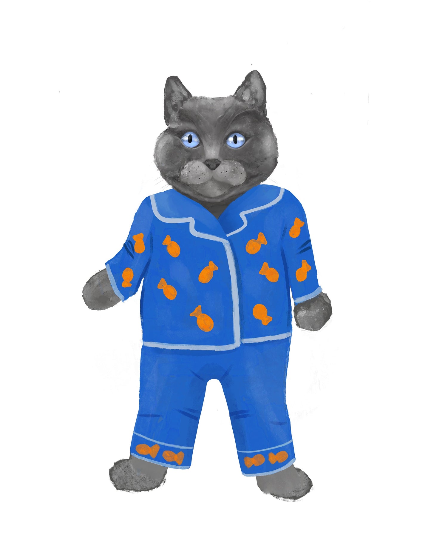 Gray Cat Wearing Blue Pajamas Print