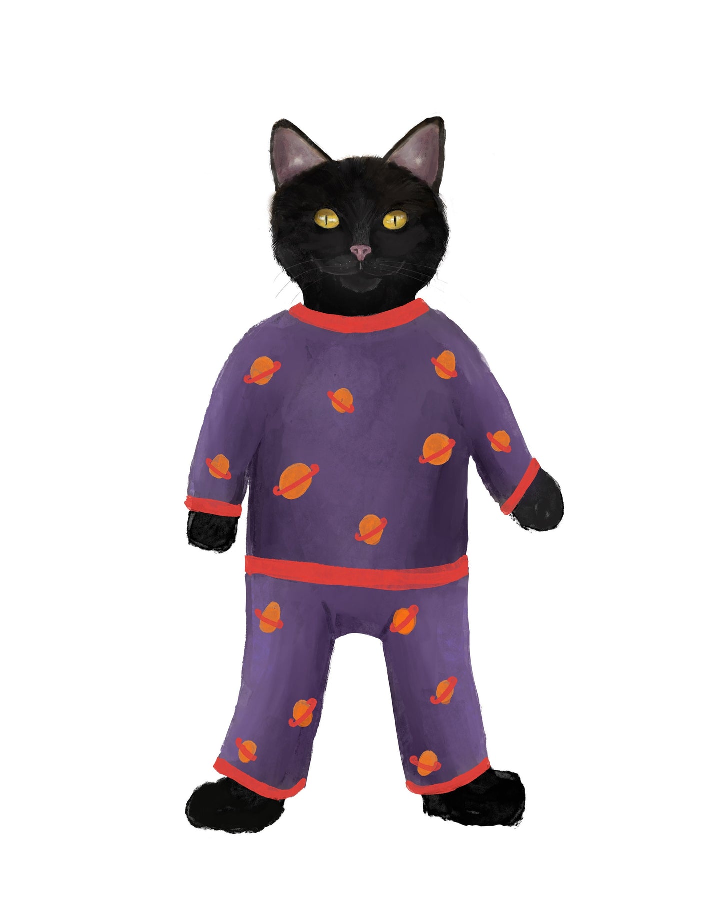 Black Cat Wearing Pajamas Print
