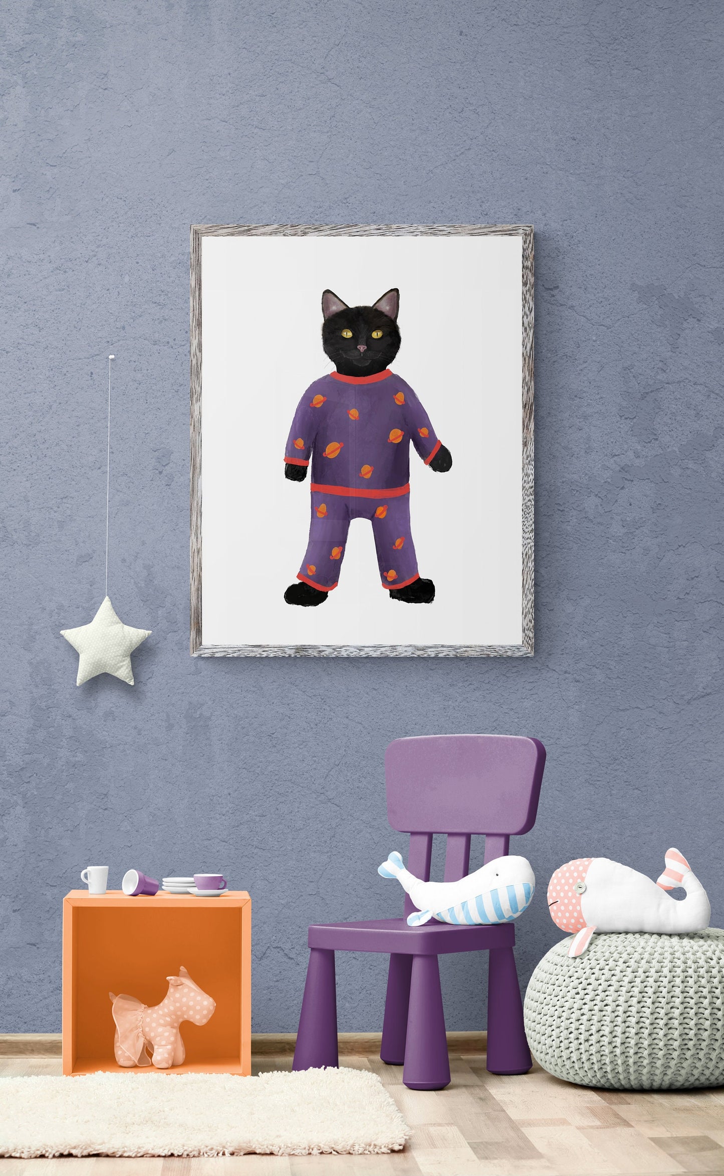 Black Cat Wearing Pajamas Print