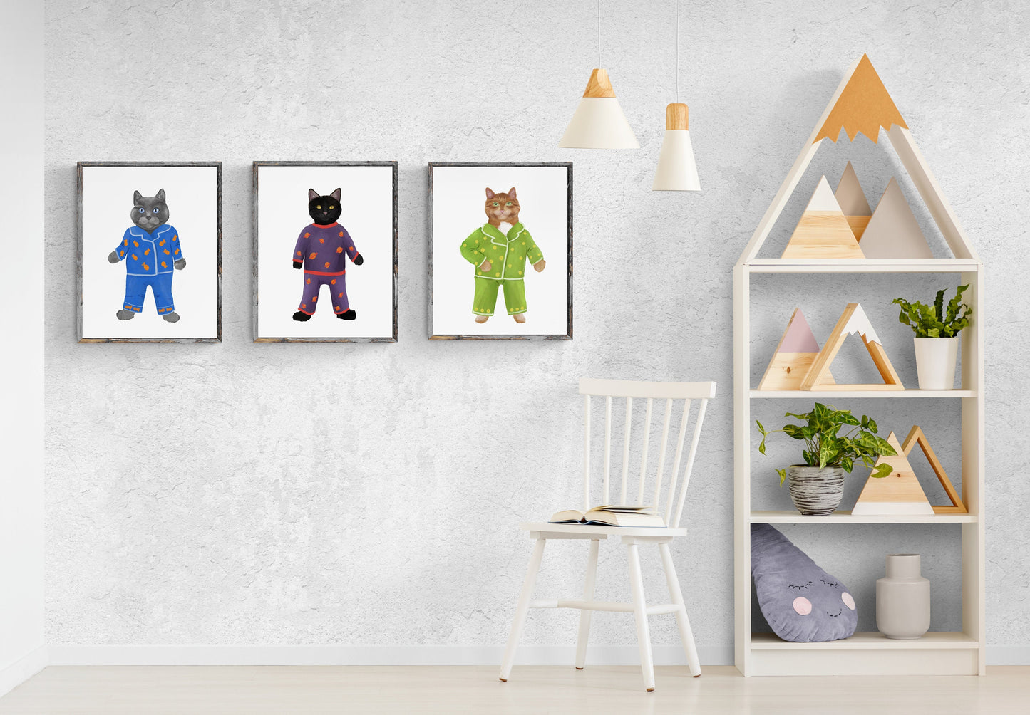 Set of 3 Cats Wearing Pajamas Print Set, Pajama Cat Print, Sleeping Cat Art, Home Decor Set, Black Cat Painting, Funny Cat Art Set