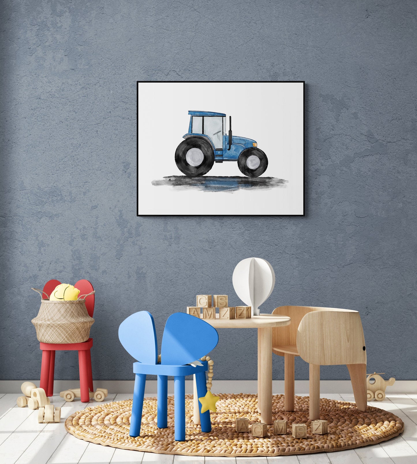 Original Blue Tractor Print, Blue Tractor Painting, Construction Nursery Art, Construction Vehicles Print, Kids Wall Art, Boys Nursery Gift