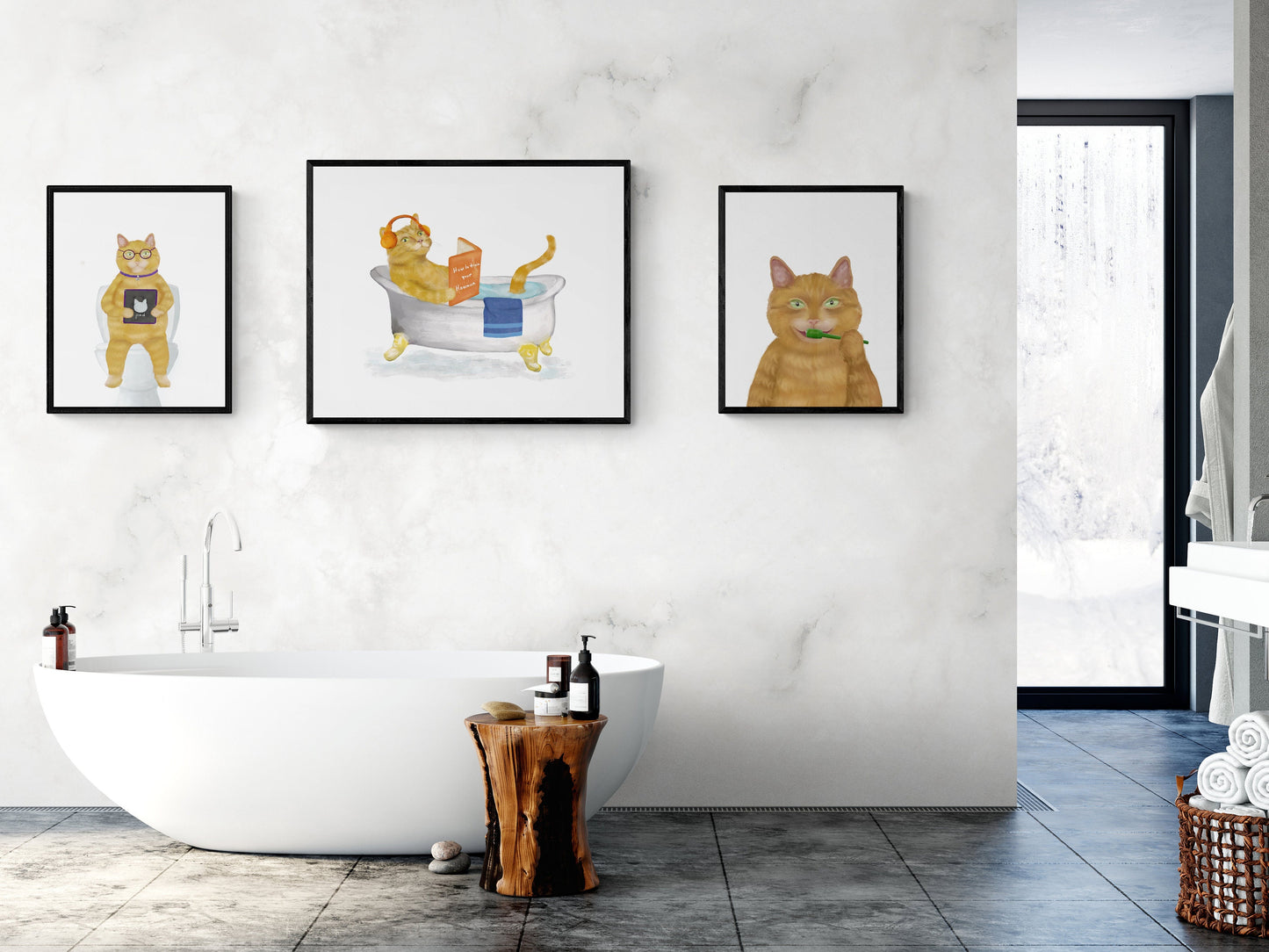 Set of 3 Orange Cat Bathroom Wall Art