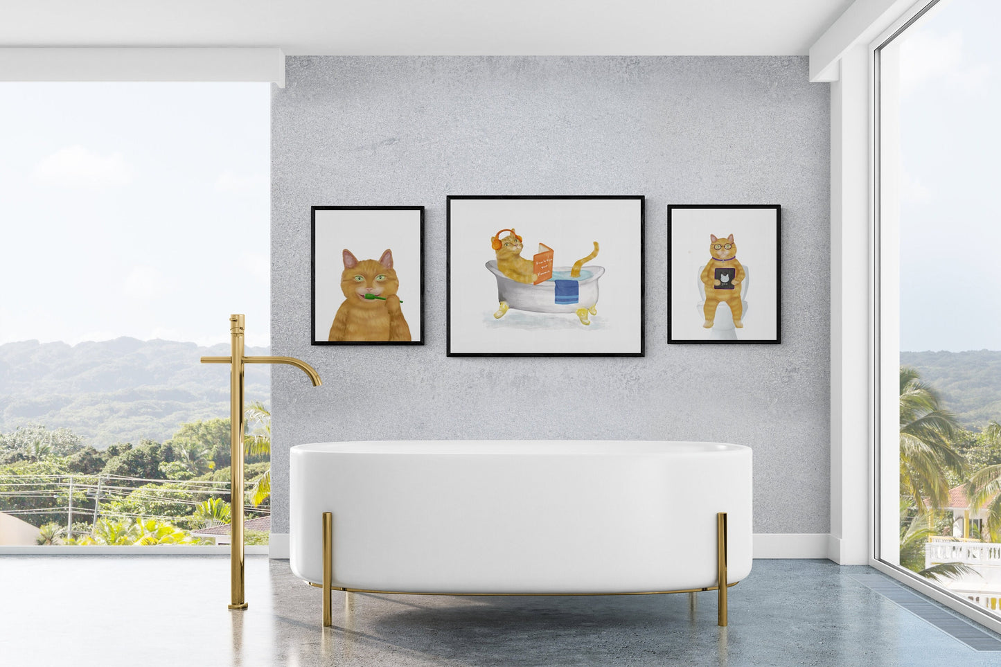 Set of 3 Orange Cat Bathroom Wall Art