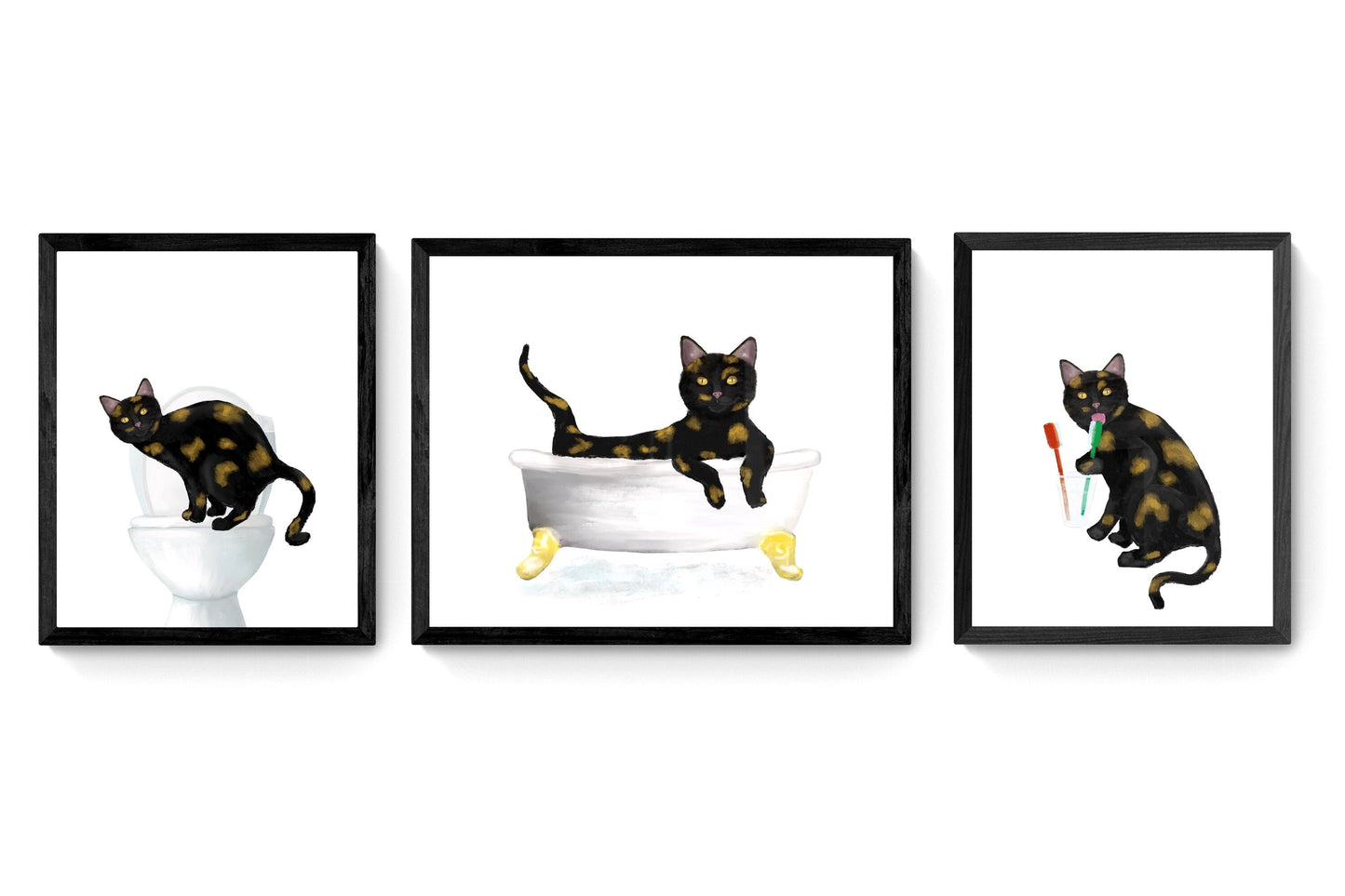 Set of 3 Tortie Cat Bathroom Wall Art, Bathroom Wall Decor Set, Cute Tortie Cat In Bath Art, Cat On Toilet Print, Cat Lover Gift, Cat Spa