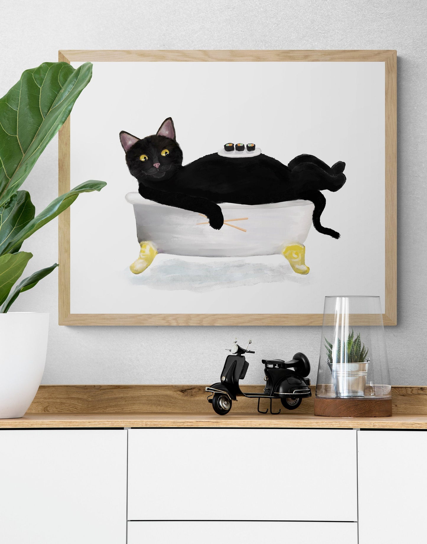 Black Cat Eating Sushi in Tub Print, Fat Black Cat In Bathtub, Bathroom Art, Bathroom Cat Painting, Kitty Relaxing In Bath Print, Cat Lover