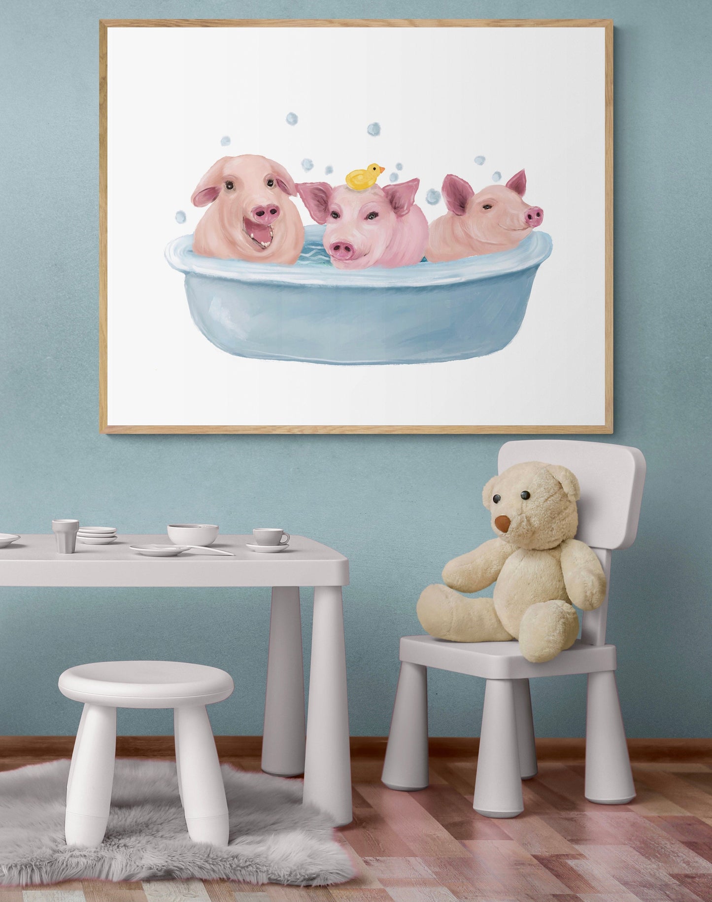 Happy Pigs Taking a Bath, Funny Bathroom Wall Art, Farm Animals in Tub, Piglets Bubble Bathing, Nursery Decor, Kids Wall Art