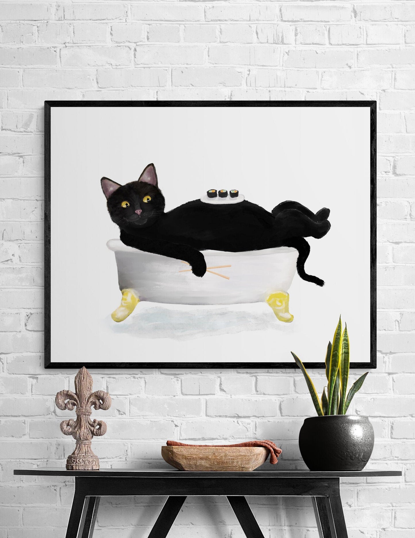 Black Cat Eating Sushi in Tub Print, Fat Black Cat In Bathtub, Bathroom Art, Bathroom Cat Painting, Kitty Relaxing In Bath Print, Cat Lover