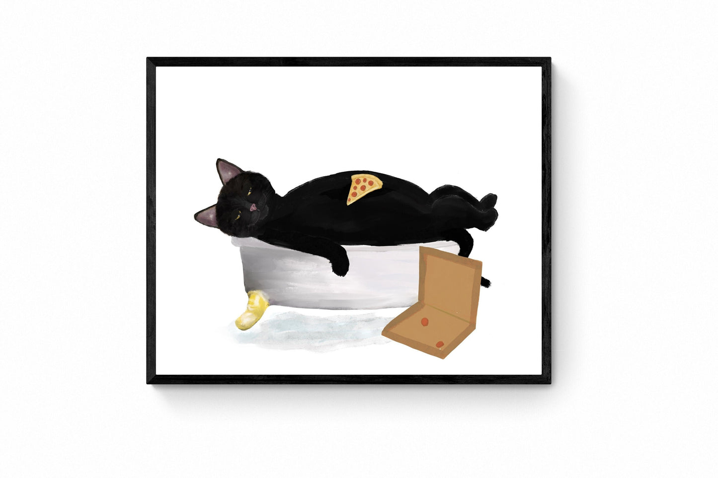 Black Cat Eating Pizza in Tub Print, Fat Black Cat In Bathtub, Bathroom Art, Bathroom Cat Painting, Kitty Relaxing In Bath Print, Cat Lover