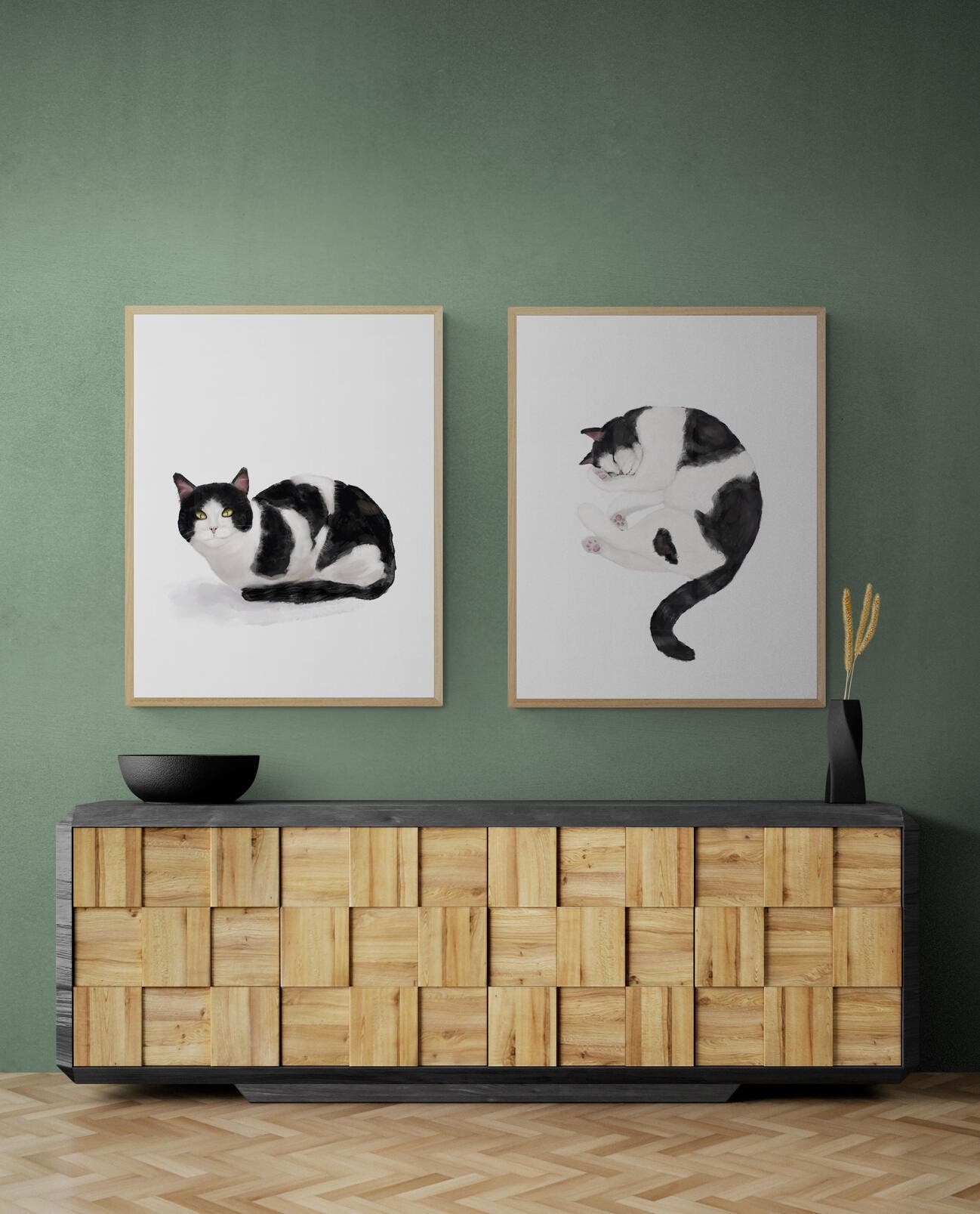 Set of 2 Tuxedo Black and White Cat Print