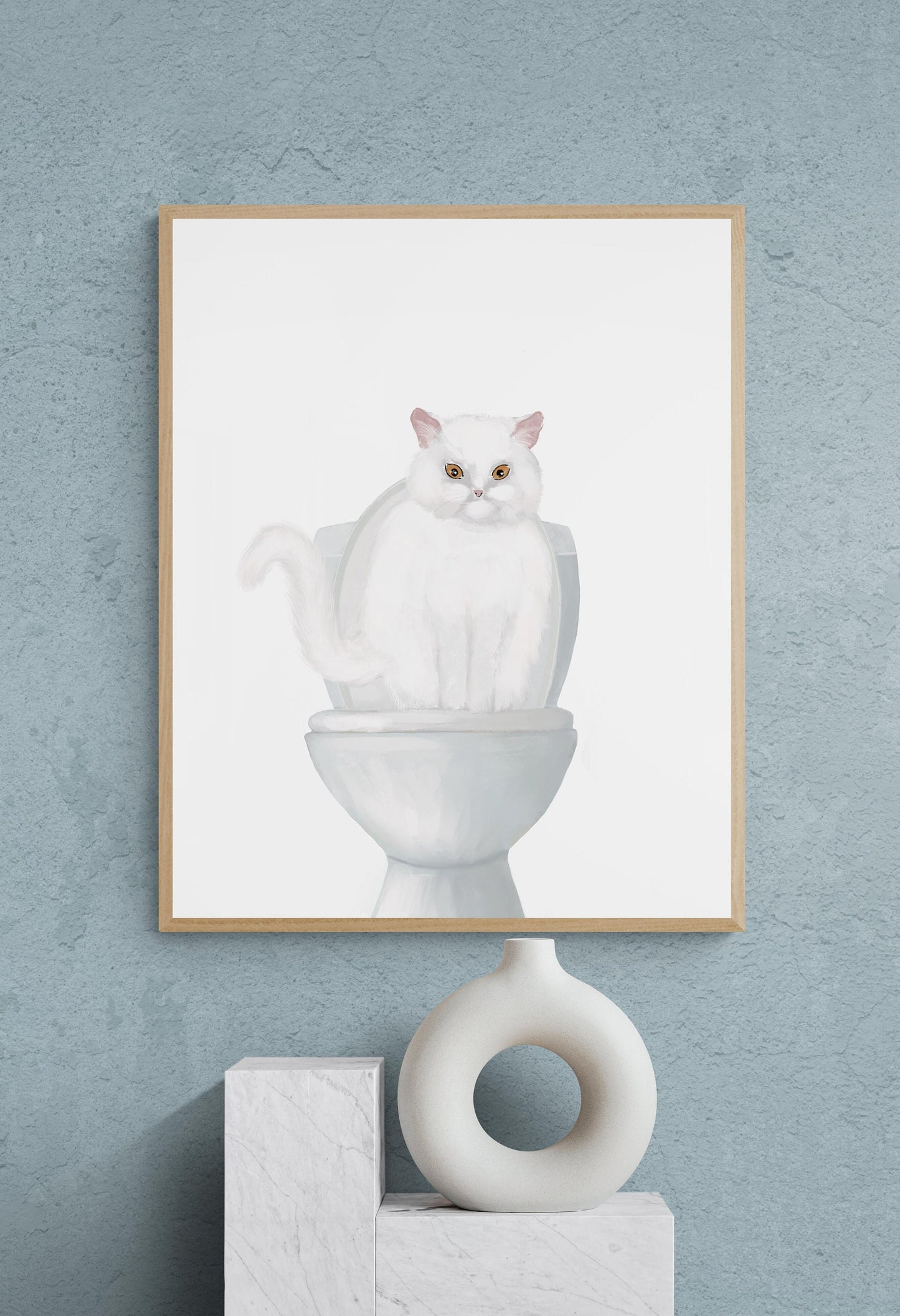 White Cat Sitting on Toilet Print
