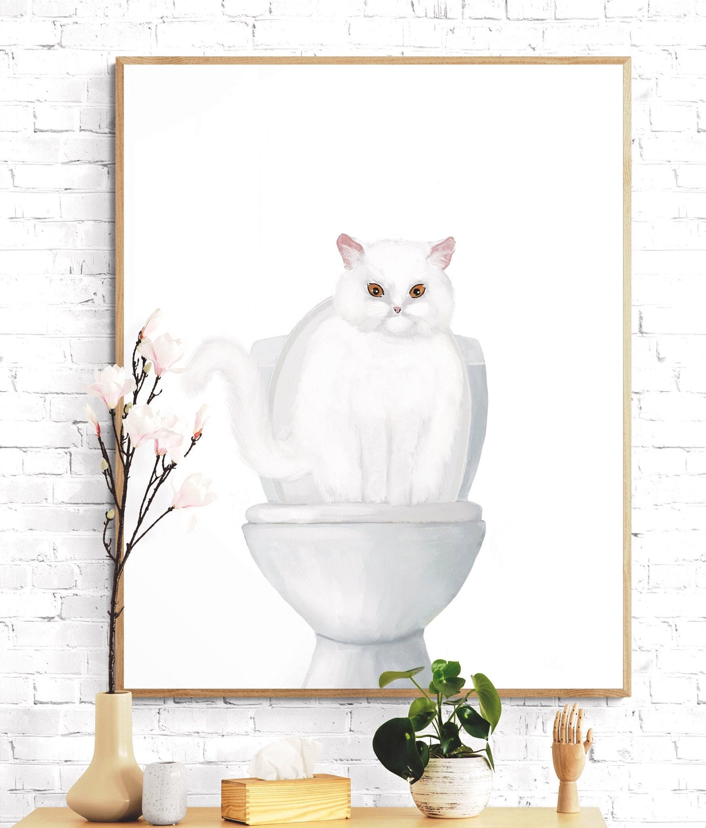 White Cat Sitting on Toilet Print