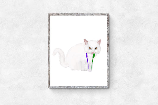 White Cat Brushing Teeth Print