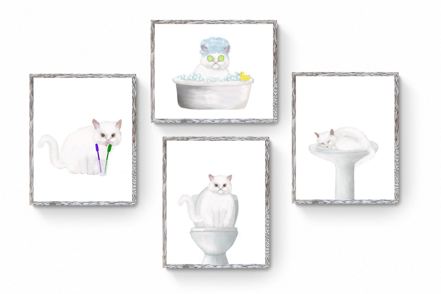 White Cat in Bathroom Set of 4 Print
