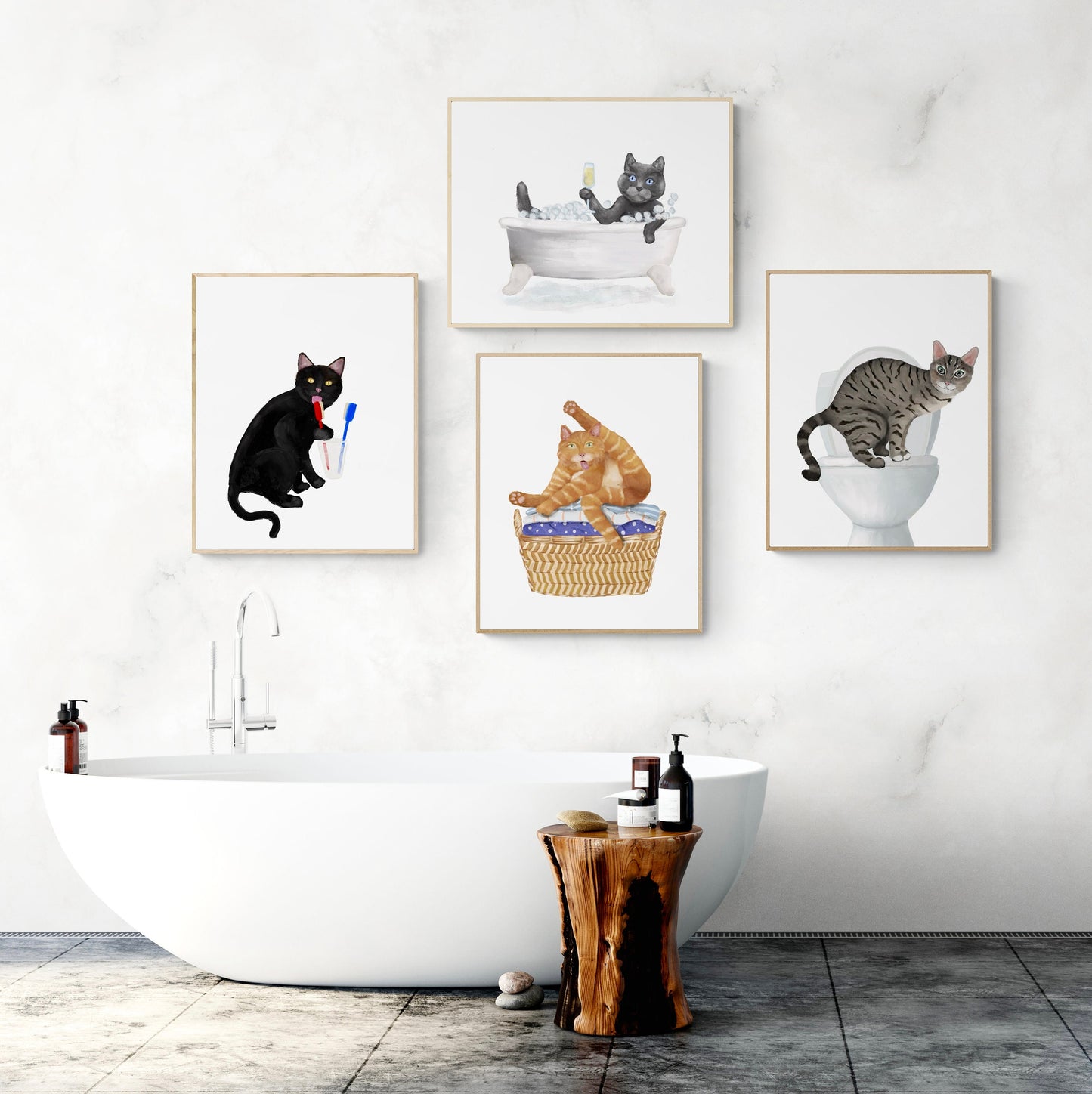 Set of 4 Cats in Bathroom Wall Art