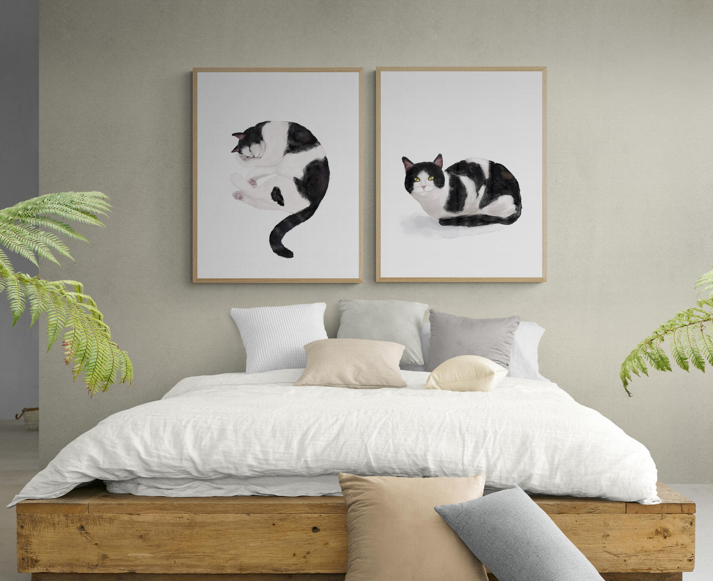 Set of 2 Tuxedo Black and White Cat Print