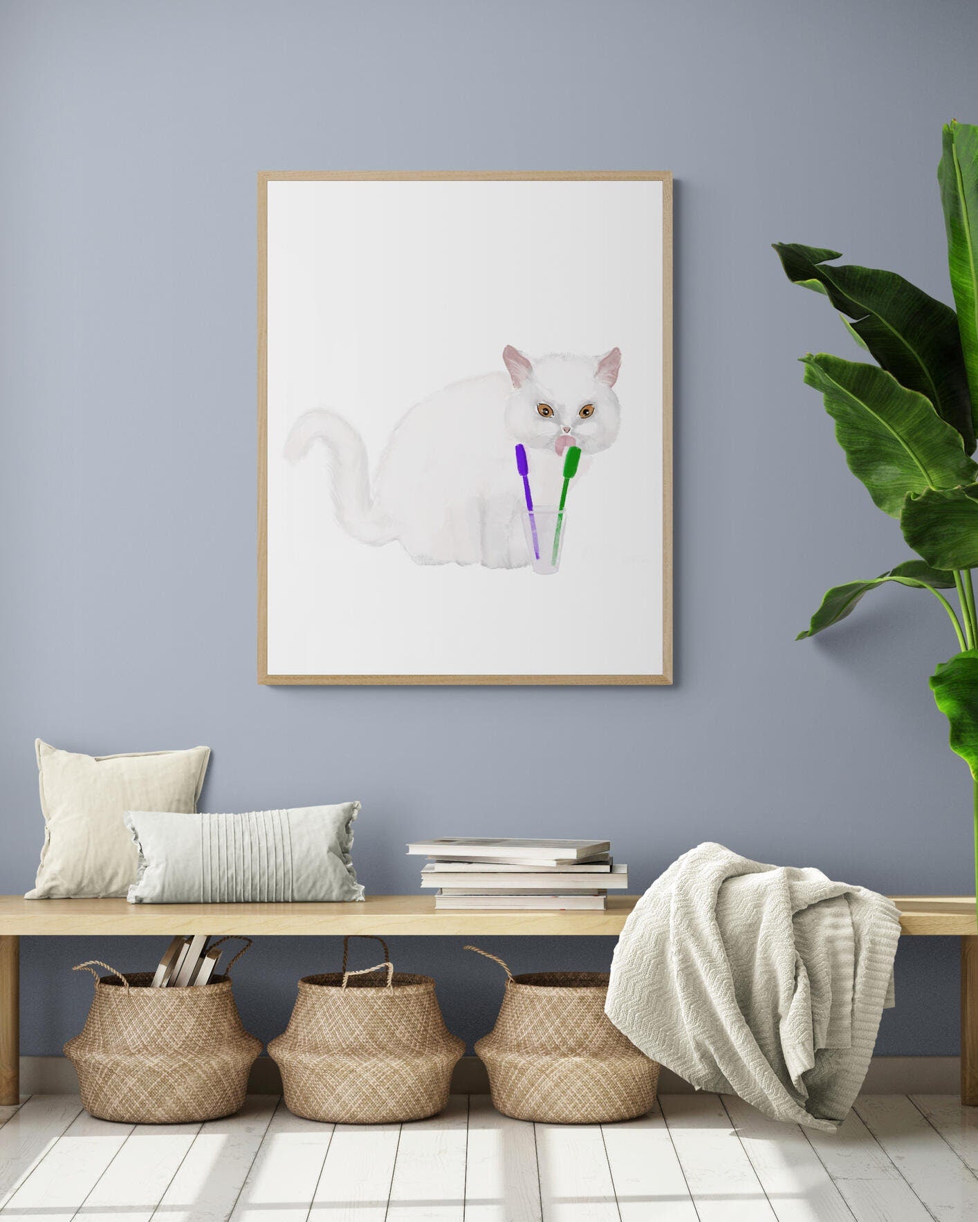 White Cat Brushing Teeth Print