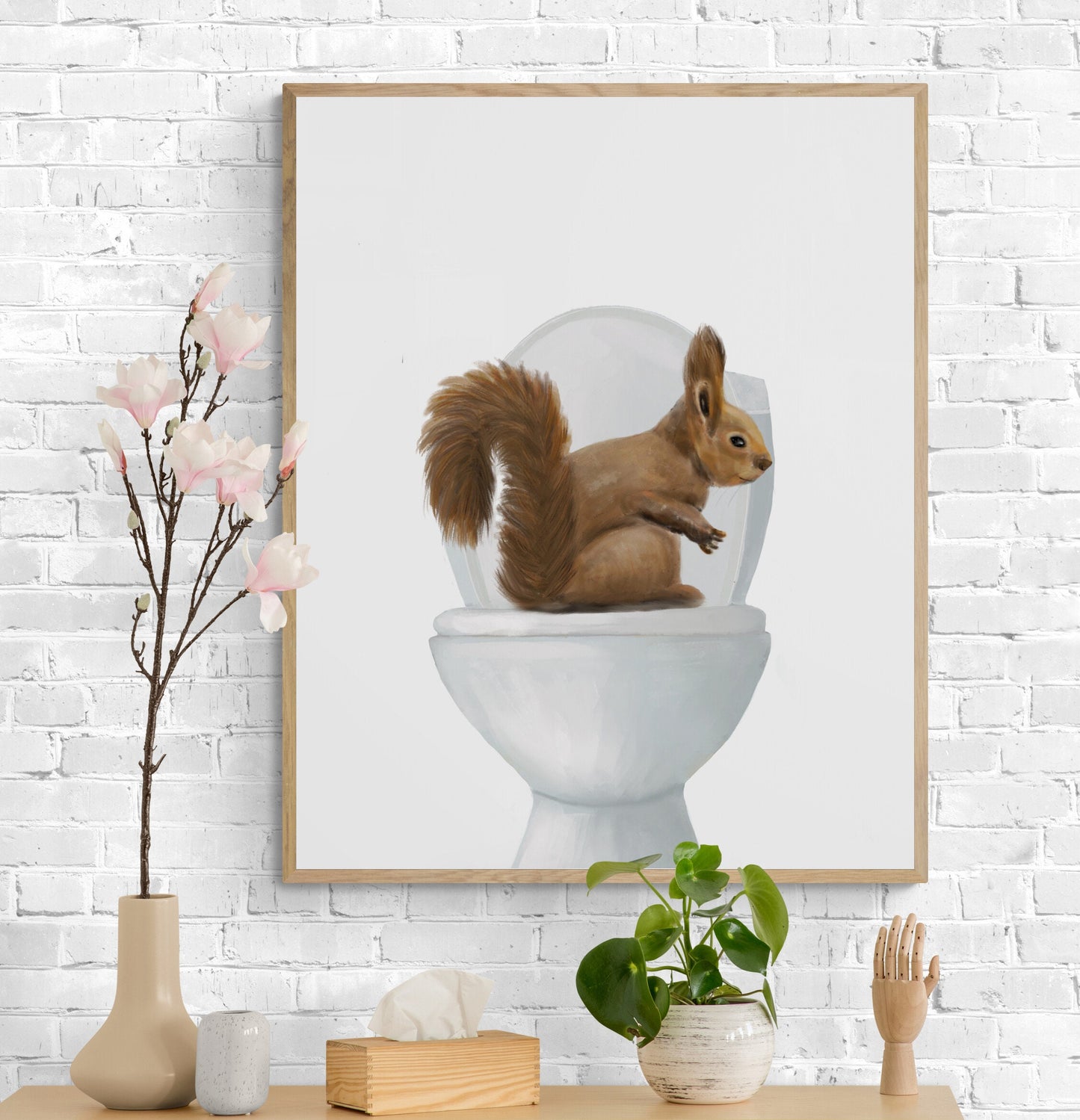 Squirrel On Toilet Print, Animals Illustration Art, Bathroom Wall Art, Woodland Animal Painting, Squirrel Artwork, Animal Lover Gift