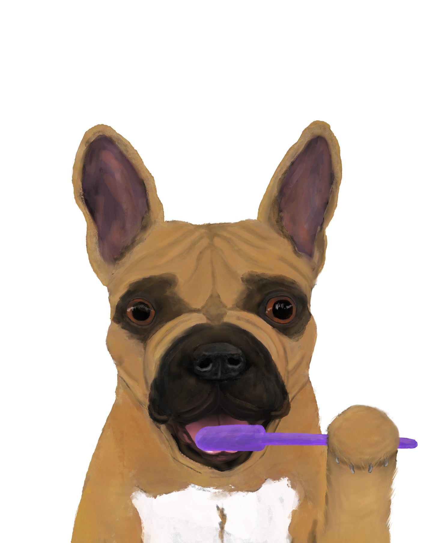 French Bulldog Brushing Teeth Print, Brown Frenchie with Toothbrush, Bathroom Wall Art, Dog Painting, Dog In Bath Illustration, Dog Lover