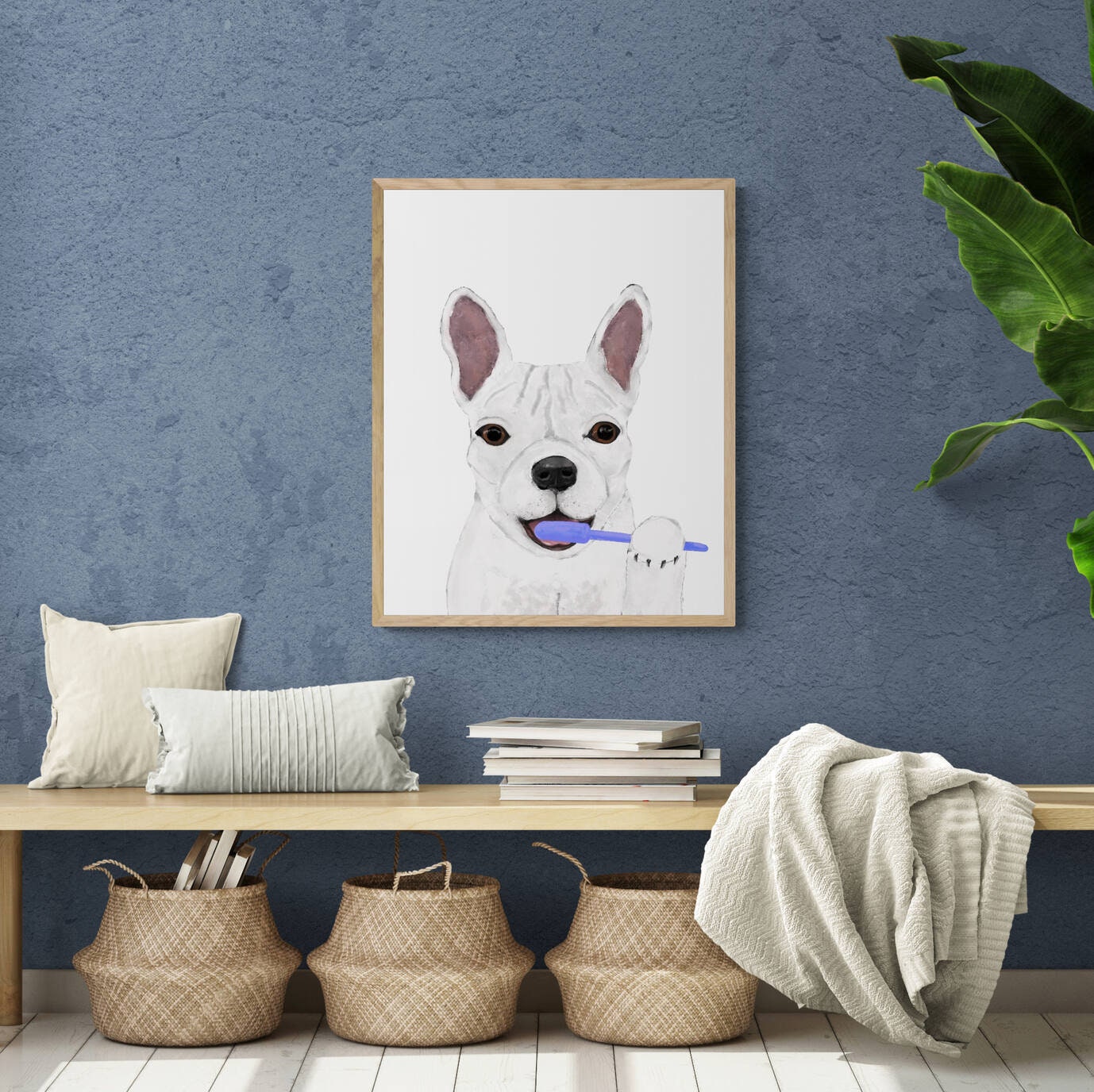 French Bulldog Brushing Teeth Print, White Frenchie with Toothbrush, Bathroom Wall Art, Dog Painting, Dog In Bath Illustration, Dog Lover