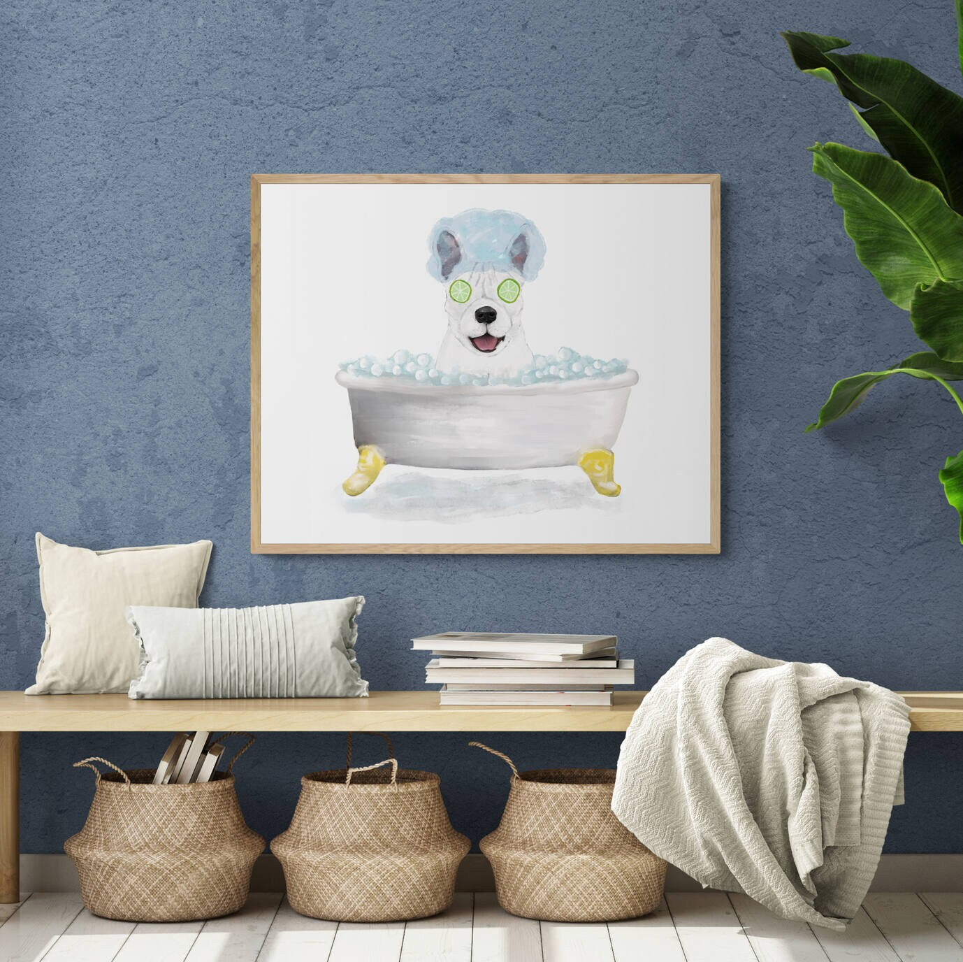 White French Bulldog Bathing Print, French Bulldog In Bathtub, Bathroom Wall Art,  Dog Painting, Dog Relaxing In Bath Print, Dog Lover