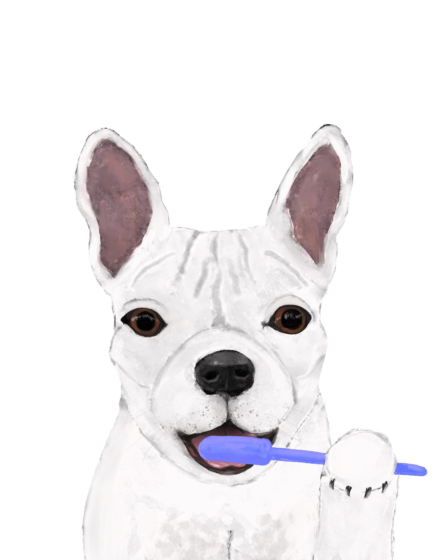 Set of 3 French Bulldog In Bathroom, White Frenchie with Toothbrush, White dog on Toilet, Dog Painting, Dog In Bathtub Illustration