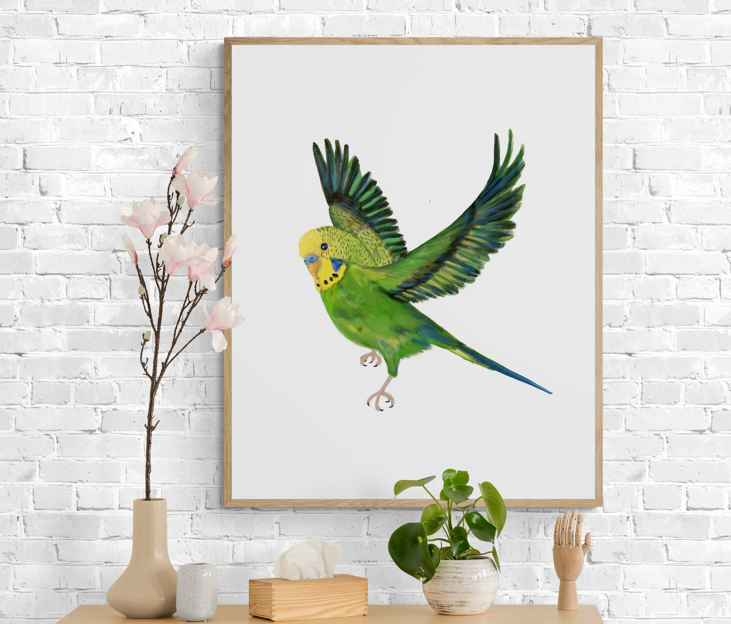 Flying Green Parakeet, Green Budgie Flying, Green Bird Memorial, Tropical Bird Art, Bird Lover Gift, Bird Wall Artwork