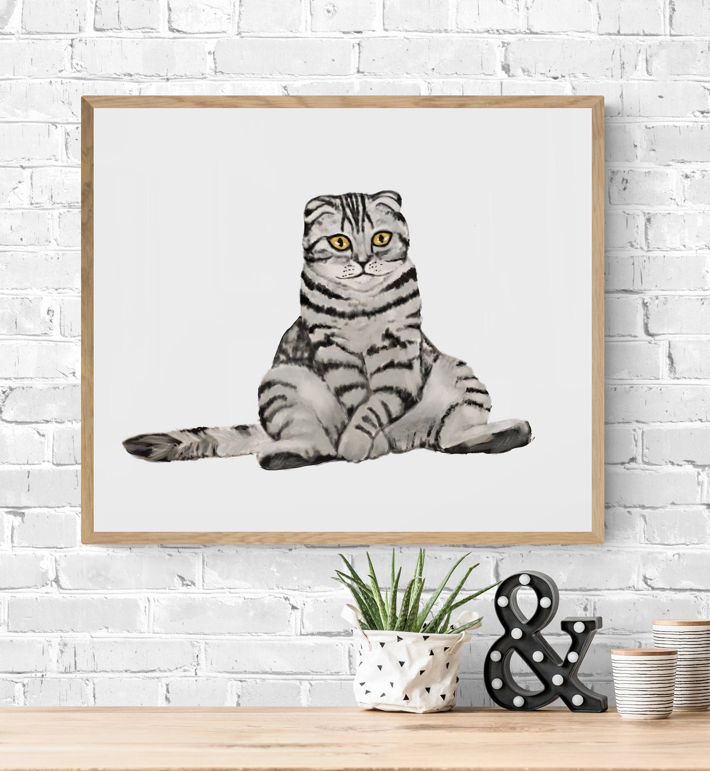 Scottish Fold Tabby Cat Print, Original Gray Cat Painting, Gray Cat Art, Kitten Painting, Cat Lover Gift, Living Room Wall Art