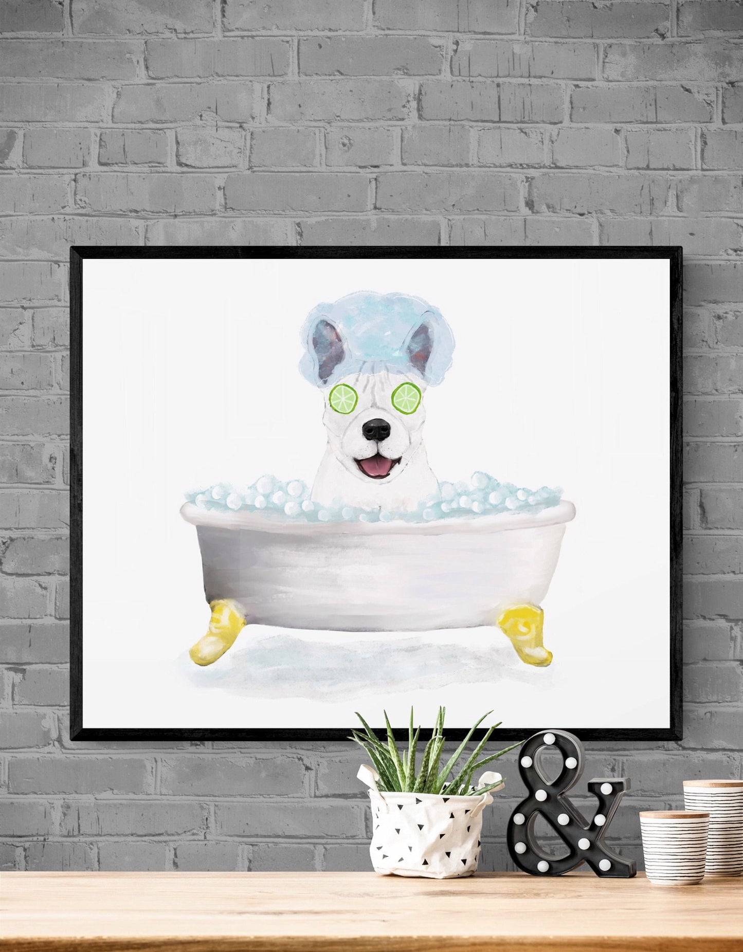 White French Bulldog Bathing Print, French Bulldog In Bathtub, Bathroom Wall Art,  Dog Painting, Dog Relaxing In Bath Print, Dog Lover