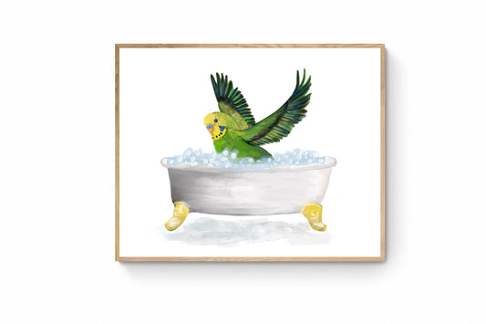 Flying Green Parakeet Bathing Print, Budgie In Bathtub, Bathroom Wall Art, Bird Memorial Painting, Bird Relaxing In Bath Print, Bird Lover