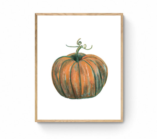 Pumpkin Print, Halloween Pumpkin Painting, Fall Decor, Living Room Art, Holiday Wall Art, Orange Green Pumpkin Illustration, Autumn Wall Art
