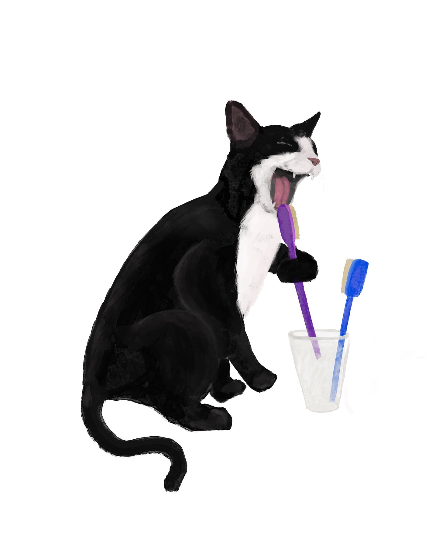 Tuxedo Cat Licking Toothbrush, Black and White Cat Brushing Teeth, Bathroom Art, Bathroom Cat Painting, Cat In Bath Print, Cat Lover Gift