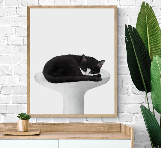 Tuxedo Cat Sleeping In Sink Art, Black and White Cat In Bath Print, Kitten Art, Cat Illustration, Home Decor, Spa Cat Painting, Cat Lover