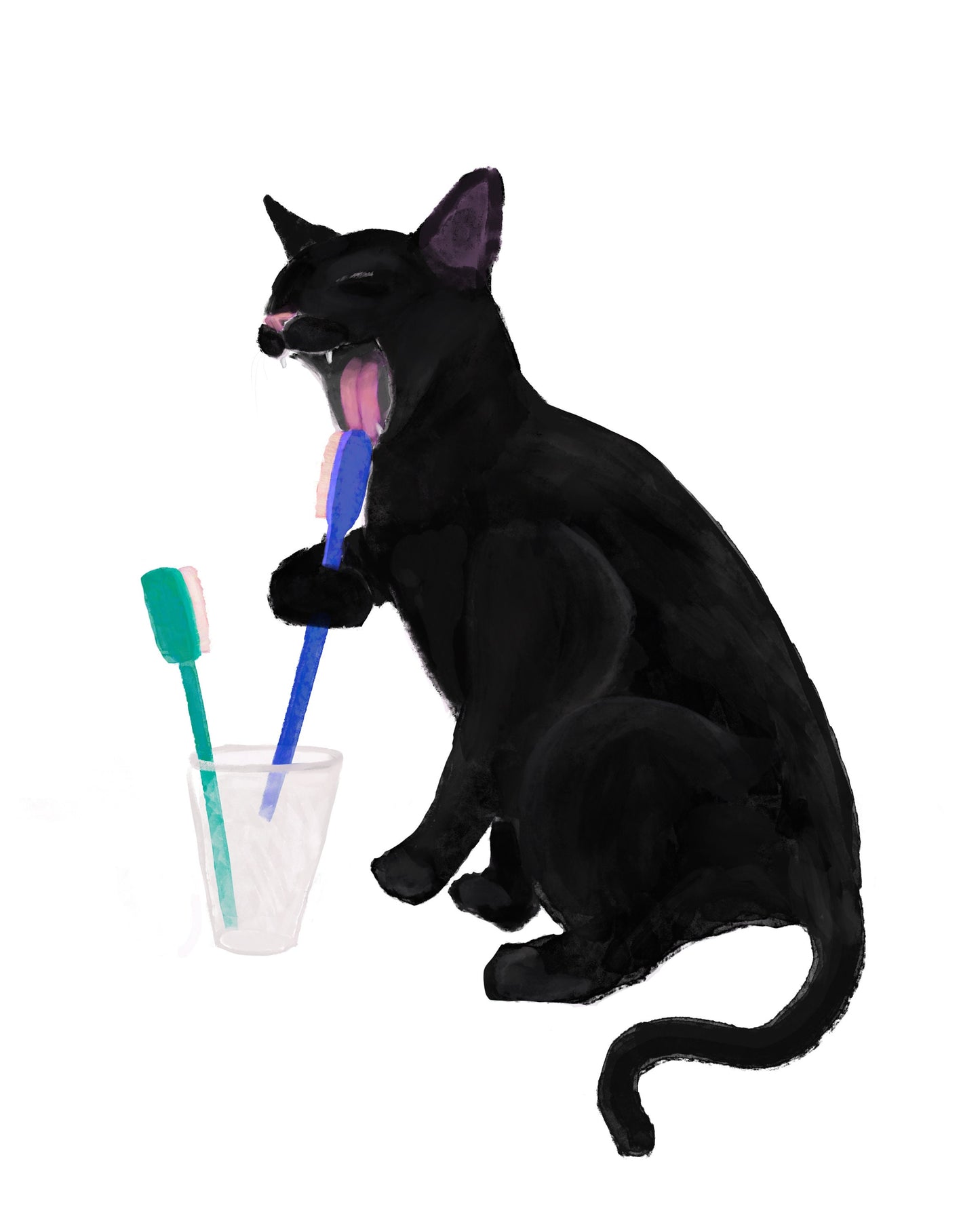 Black Cat Licking Toothbrush, Black Cat Brushing Teeth, Bathroom Art, Bathroom Cat Painting, Cat In Bath Print, Cat Lover Gift