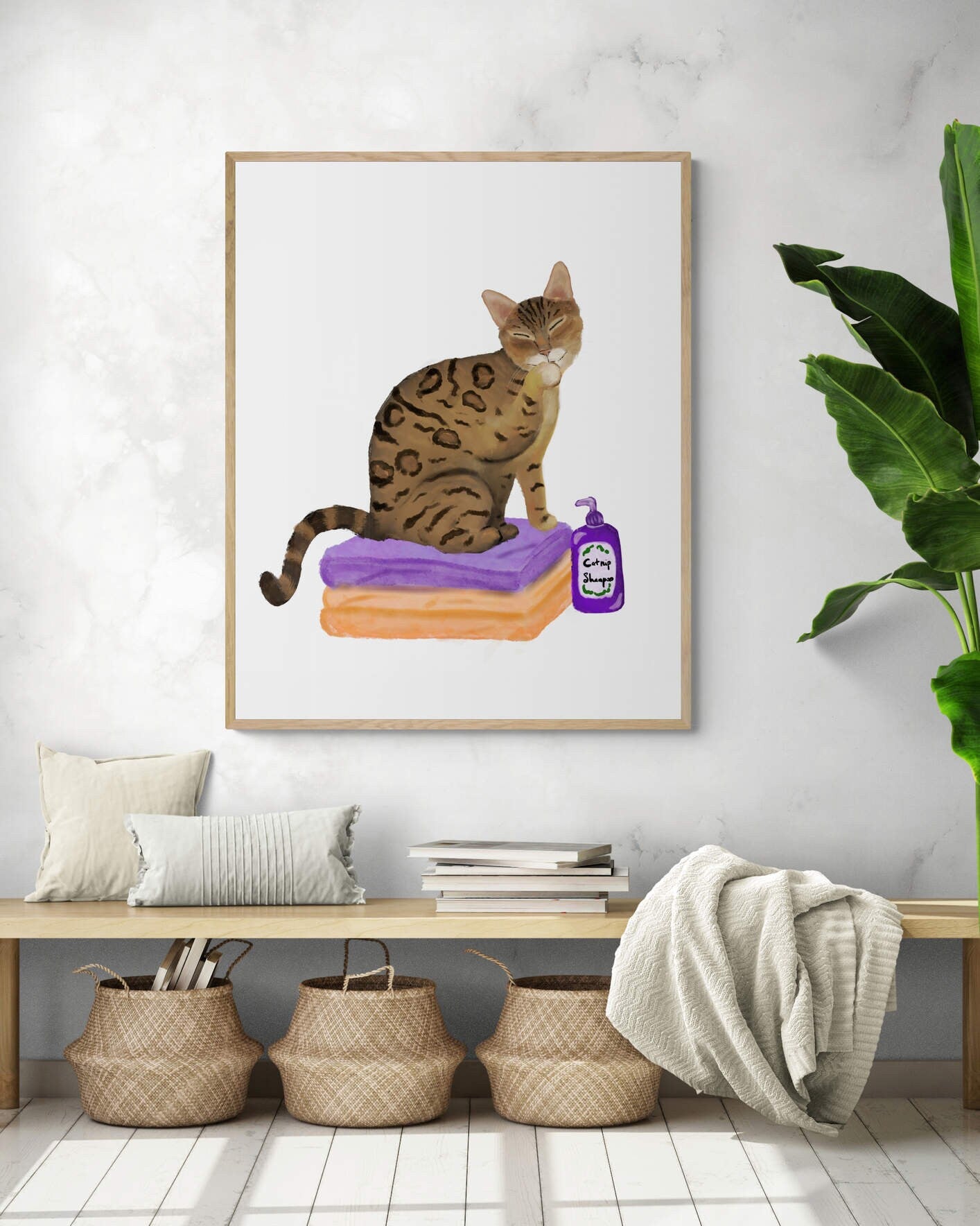 Gold Bengal Cat on Laundry Print, Bengal Cat Sitting on Folded Linens, Laundry Wall Art, Cat Illustration, Home Decor, Cat Memorial