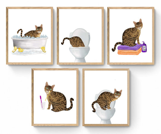 Set of 5 Gold Bengal Cat Bathroom Wall Art, Bathroom Wall Decor Set, Cat In Bath Art, Cat On Toilet Print, Cat Lover Gift